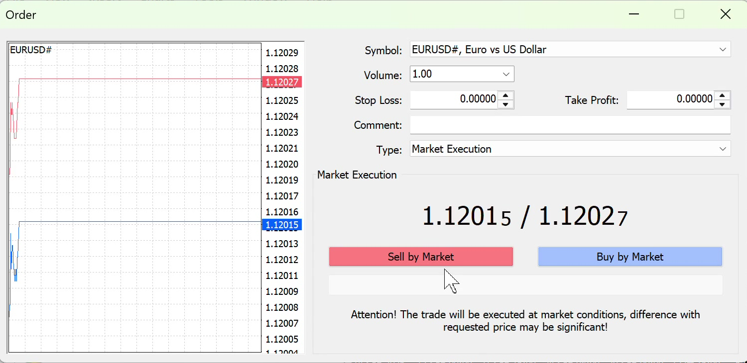 MT4 demo order window for EURUSD# with volume, Bid and Ask fields and an execution warning.